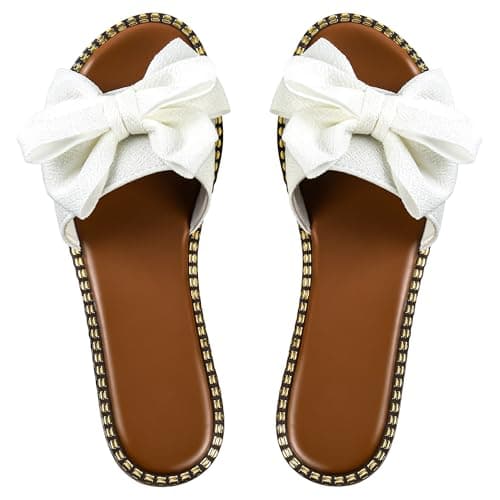 Image of Sksshion Women's Bow Knot Slides Open Toe Flat Sandals Summer Slip On Slippers White 5.5