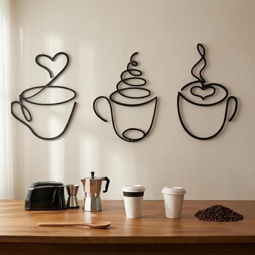 Image of HUASUN Set of 3 Metal Coffee Cup Wall Art, Minimalist Line Iron Wall Sculpture, Modern Black Decor for Kitchen, Cafe, Coffee Station, Gift for Coffee Lovers