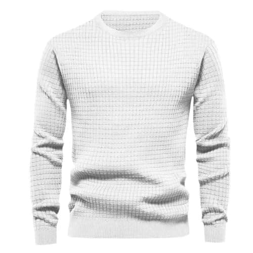 Image of MakingDa Mens Crew Neck Jumper Waffle Pullover Long Sleeve Sweatshirts Solid Ribbed Cuff Regular Fit Sweater Vintage Soft Classic Lightweight Work Casual Jumpers White M