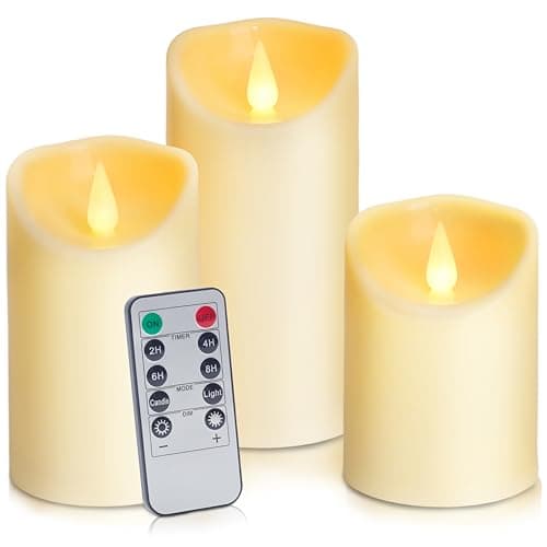 Image of Auralome LED Electric Timer Candles - Battery Operated Plastic Pillar Candle with Remote Control Realistic Flickering Flame Candle Fake Lights Artificial Large Church Real Cande Outdoor Set of 3