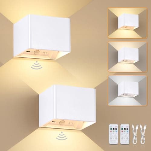Image of Rechargeable Wall Lights with Motion Sensor, 5400mAh Battery Operated Wall Lamps with Remote Control, Dimmable and 3 Colors, On and Auto Modes Indoor Wall Sconces for Bedroom, Hallway, White 2 Pack