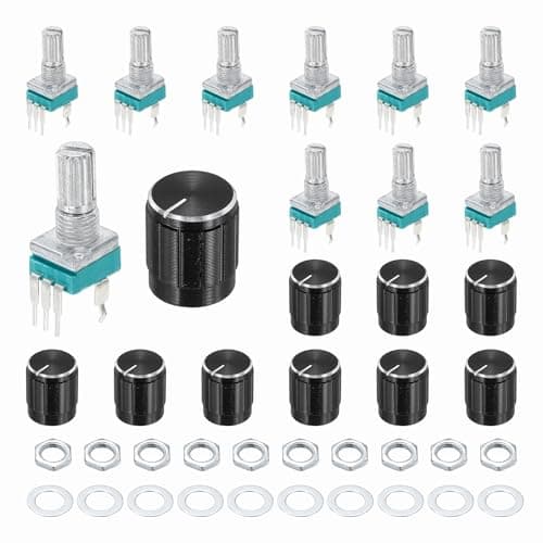 Image of sourcing map 10pcs RK097N B50K Potentiometer, 3Pin Single Linear Rotary Seal Amplifier Logarithmic Potentiometers 15mm Knurled Shaft with Black 15x17mm Metal Knob Vertical for Audio Amplifier