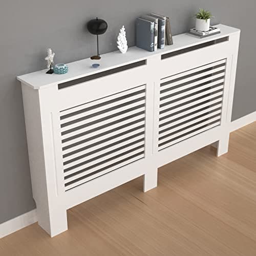 Image of High Radiator Cover Wood Cabinet: Internal Height 100cm Large White Heater Covers Horizontal Slat Modern Tall Radiator Shelf Thicken MDF Wooden Bedroom Hallway Home Furniture for Living Room