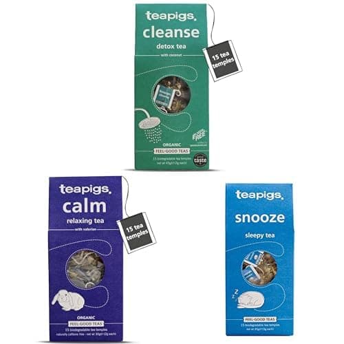 Image of teapigs Feel-Good Bundle - Cleanse, Calm & Snooze Tea Bags - Feel-Good Brews for Mind & Body - Herbal Tea Selection & Sampler for Digestion, Calm and Sleep - 3x15 Temples