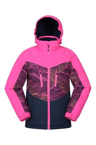 Image of Mountain Warehouse Storm II Kids Printed Extreme Ski Jacket - Taped Seams, Breathable with Detachable Hood, Boys & Girls - Best for Autumn Winter, Sports & Outdoors Dark Pink Kids Size 9-10 Years