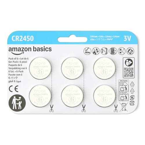 Image of Amazon Basics 6-Pack CR2450 Lithium Coin Cell Battery, 3 V, Long-Lasting Power, Mercury-Free, Child-Safe Package (Use Scissors to Open)