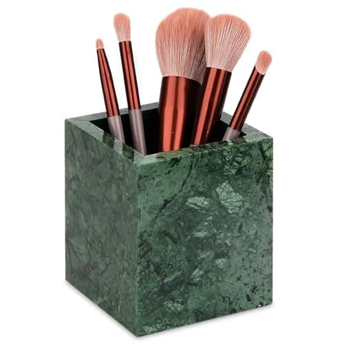 Image of TABHOUKIT Natural Marble Toothbrush Holder for Bathroom 8.5 x 8.5 x 10 cm Candle Holders Multifunctional Organizer for Makeup Brushes, Utensils Sink, Vanity Accessories (Blackish Green)
