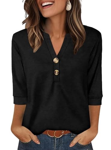 Image of Aokosor Womens 3/4 Sleeve Tops Ladies Blouse V Neck Tunic Long Sleeve T Shirts Curved Hem Office Wear Black Top Size 6-8 for UK