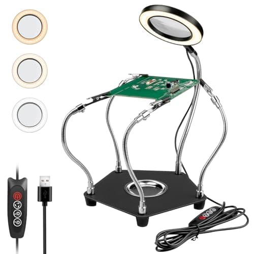 Image of Helping Hands Soldering Station, Lytool Third Hand Soldering Tool with 3X Magnifying Glass Dimmable LED, Flexible Helping Hands Soldering with 4 Flexible for Welding Repair Hobby DIY