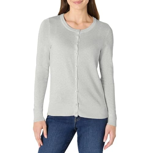 Image of Amazon Essentials Women's Lightweight Crewneck Cardigan Jumper (Available in Plus Size), Grey Heather, M