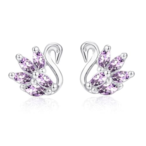 Image of Deyanse 925 Sterling Silver Stud Earrings Girls, Dainty Swan Girls Purple Earrings Studs with Zirconia, Hypoallergenic Sleeper Stud Earring for Women, Small Studs Earring, Gift in Jewellery Box