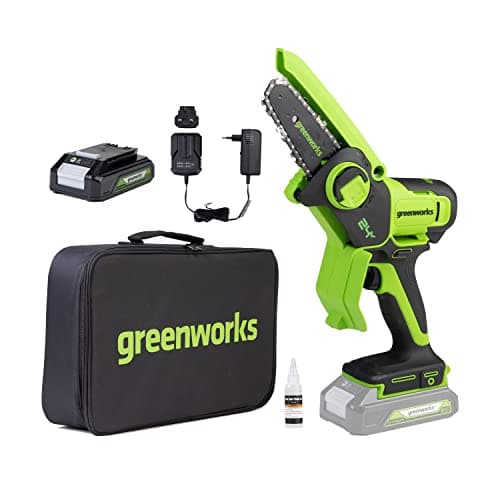 Image of Greenworks 24V Mini Chainsaw 4 Inch (10cm) Cordless Battery Powered Chainsaw with 2Ah Battery, 7.8m/s Chain Speed Electric Chainsaw for Tree Branches, Garden Cutting, Courtyard & Household