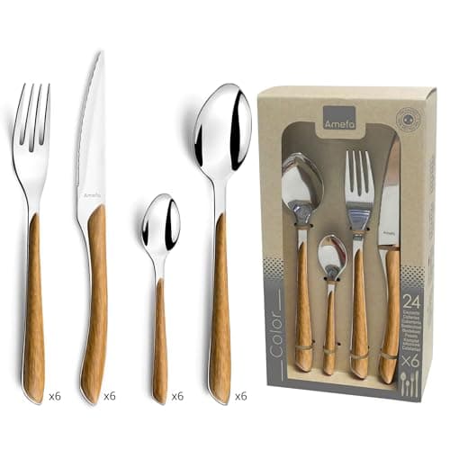 Image of Amefa ECLAT Nature 24-Piece Cutlery Set, Service for 6 – Modern Light Wood Effect Flatware, Premium Stainless Steel Knives, Forks & Spoons – Dishwasher Safe, Gift Boxed