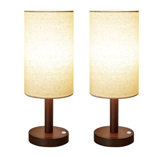 Image of LALISU Small Table Lamp Nightstand Lamp Linen Lampshade Bedroom Wood Base Small Bedside Lamp for Night Stands, Desk Lamps for Reading Living Room, Office (LED Bulb Included) (Walnut Wood Cordless(2))