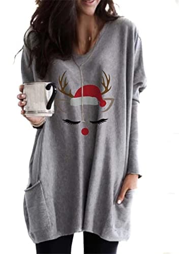 Image of YMING Women Round Neck Jumpers Christmas Printed with Pockets Sweatshirts Long Sleeve Jumpers Elk Light Grey 3XL
