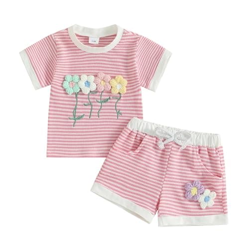 Image of Vioyavo Toddler Kid Girls Summer Clothes Set Flower Embroidery Short Sleeve T-shirt Top Stripe Waffle Elastic Waist Shorts Set 0-6 Years (Pink, 9-12 Months)