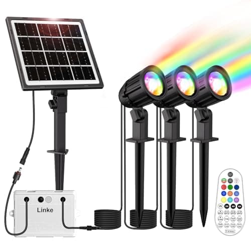 Image of Linke Solar Spot Lights Outdoor Garden, 3 in 1 Colour Changing LED RGB Solar Powered Spotlights Waterproof IP66 Spike Lights Remote Control Dusk to Dawn Landscape Spotlight for Pathway