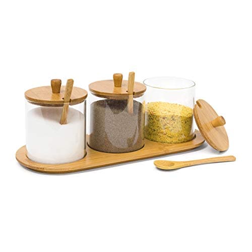 Image of Relaxdays JIAO Bamboo Spice Preserving Glass Jar Set 12 x 31 x 12 cm Spice Holder of 3 Glass Containers with Spoons as Alternative to Spice Rack, Kitchen Storage, Natural
