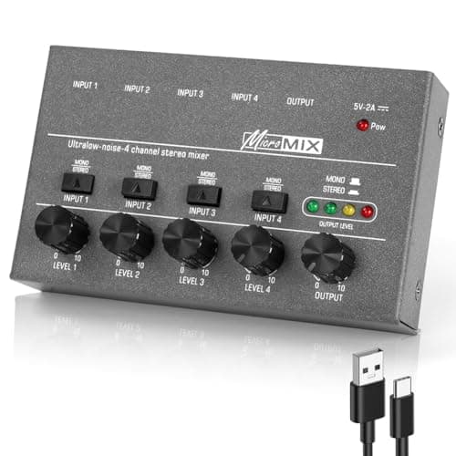 Image of OFFCUP 4 Channel Audio Mixer, Mini 5V Ultra Compact Low-Noise Line Mixer, Metal Karaoke Sound Mixers with Separate Volume Adjustment for Guitar Bass Keyboards Stage Microphone Mixer (Grey)