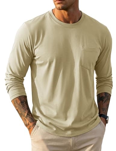 Image of MAGCOMSEN Men's Long Sleeve T-Shirt Cotton Crew Neck T-Shirts Comfort Breathable Casual Tops with Pocket,Khaki,L
