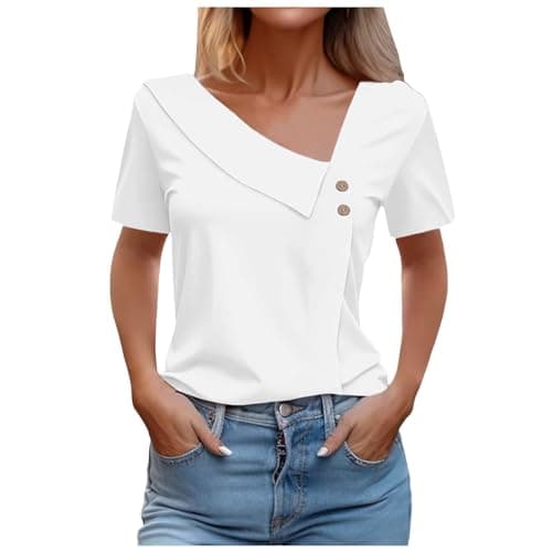 Image of Women's Fashion V-Neck Pullover Top with Button Detail and Relaxed Short Sleeve T-Shirt (White, S)