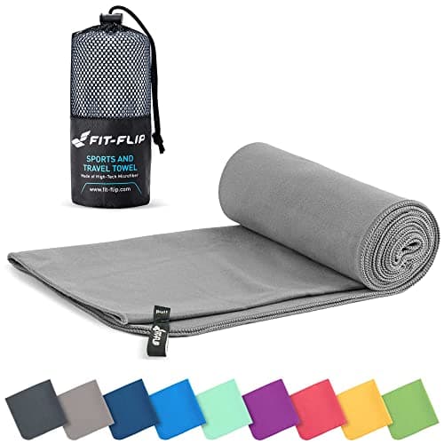 Image of Fit-Flip Microfibre towel - compact, ultra lightweight & quick dry - perfect for gym, travel & beach - swimming towels for sports, camping & hiking (1x 40x80cm grey + bag)