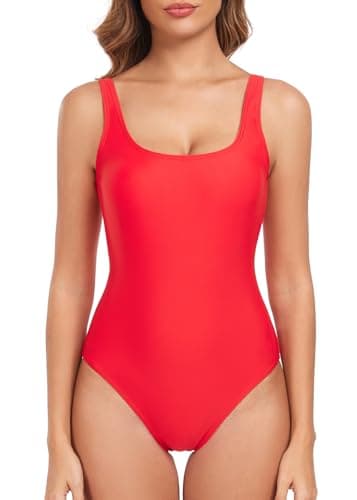 Image of Deriwone One Piece Swimsuit Tummy Control Swimming Costume Retro Scoop Back Swimwear Padded Bathing Suits M,Red