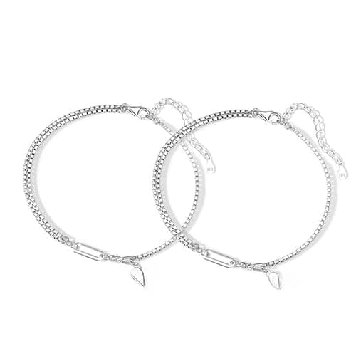 Image of LIUYUYOUGO Matching Couple Bracelets Silver Heart Charm Sterling Silver Bangle Love Pedant His And Her Cuff Wristbands Personalised Jewellery Birthday Valentine'S Day Gifts 2Pcs