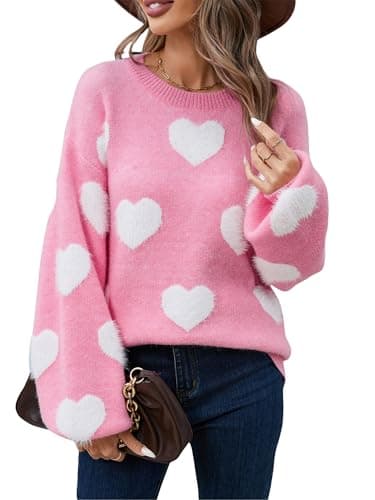 Image of Womens Heart Jumper Romantic Love Print Long Sleeve Knit Sweater Valentine's Day Going Out Pullover Aesthetic Clothes (A-Pink, L)