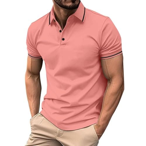 Image of DGZTWLL Mens Short Sleeve Pique Polo Shirt - Casual Slim Fit Contrast Collar Top, Soft Breathable Fabric for Summer & Daily Wear Watermelon Red 4XL