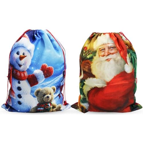 Image of 2 Pack Large Christmas Sacks, 19.7''x27.6'' Hessian Linen Drawstring Gift Bags for Xmas (Gentle Santa & Snowman Bear)