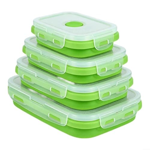 Image of Helilyco 4-Piece Foldable Silicone Food Containers, Leak-Proof Lunch Box Set with Click Closure, to Microwave Safe, Colour-Coded Kitchen Organisation(4pcs Yellow-green)