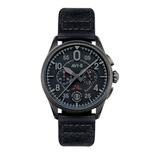 Image of AVI-8 Spitfire Mens Watch - 42mm Stainless Steel Case, Japanese Quartz Movement, Genuine Leather Strap, Watches for Men, Lock Chronograph, Slate Black - AV-4089-03