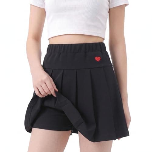 Image of Girls 2-in-1 Pleated Skort for School & Play - Modesty Shorts Skirt with Elasticated Waist - Girls Summer Cotton Skirt with Heart Embroidery, Ages 6-13 (UK, Age, 8 Years, 9 Years, Regular, Black)