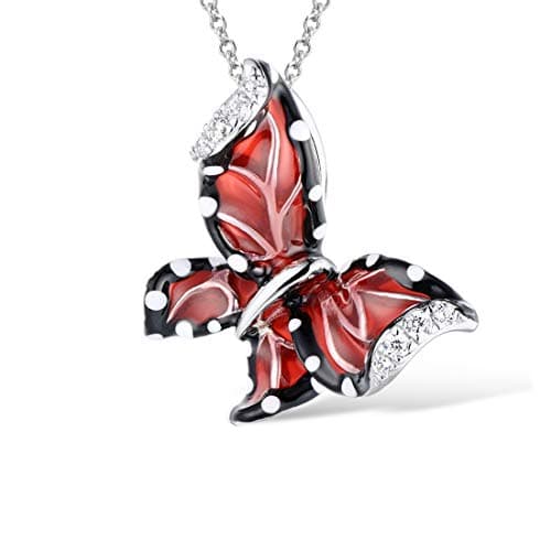Image of namana Burgundy Butterfly Pendant Necklace for Women. 925 Sterling Silver Necklaces for Women with White Cubic Zirconia Gemstones and Enamel Details. Butterfly Necklace for Women with Gift Box