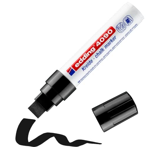 Image of edding 4090 Chalk Marker - Black - 1 Chalk Pen - Chisel Tip 4-15 mm - Broad-Tipped Wet Wipe Pen for Chalkboards, Windows, Glass, Mirrors - Liquid Chalk Marker Pens for Opaque Coverage
