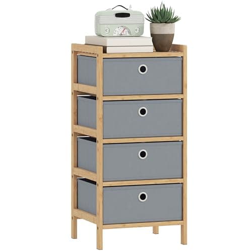 Image of HOMCOM Chest of Drawers, 4 Fabric Drawers Dresser with Bamboo Frame, Narrow Storage Unit for Small Spaces, Bedroom, Living Room, Hallway, Light Grey
