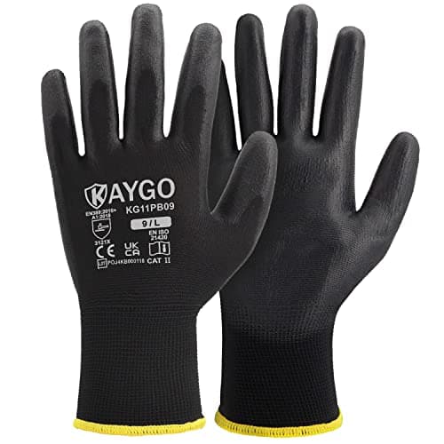 Image of KAYGO Work Gloves PU Coated-12 Pairs, KG11PB, Black Safety Working Gloves with Secure Grip on Palm & Fingers, for Men and Women, Ideal for General Duty Work, Gardening(Large, Black)