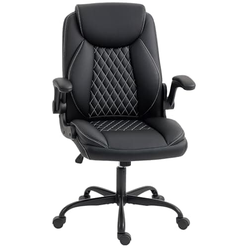 Image of HOMCOM Executive Office Chair with Flip-Up Armrests, PU Leather Computer Desk Chair with Thick Cushion, Tilt Function, Height Adjustable for Home, Black