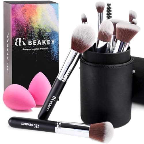 Image of BEAKEY Makeup Brushes, Foundation Brushes, Blending Face Powder Blush Eyeshadow Brushes, Gift for Ladies and Girls, Brush Sets with Two Sponges (10+2pcs, with Black Brush Case)