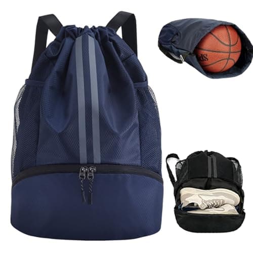 Image of RubyTint Drawstring Gym Bag-Waterproof Sports Backpack with Shoe Compartment and Wet Dry Separation, Large Unisex Swimming Bag with Mesh Fabric and Adjustable Shoulder Straps (Navy Blue)