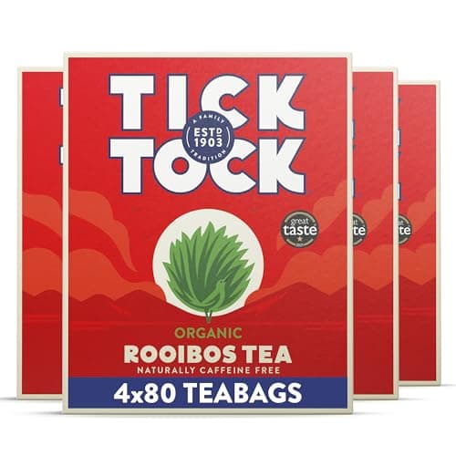 Image of Tick Tock Organic Rooibos Tea, Pack of 4 x 80 tea bags (320 bags), Naturally Sweet Caffeine-Free Herbal Bio-Degradable UK Redbush Tea
