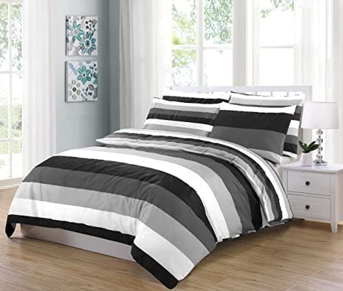 Image of MK Home Textile Stripe Duvet Cover Set, 100% Cotton Rich 200 Thread Count Soft Reversible Quilt Covers White | Red | Black | Grey Bedding Sets Double King Super King Size (Grey Stripe, King)