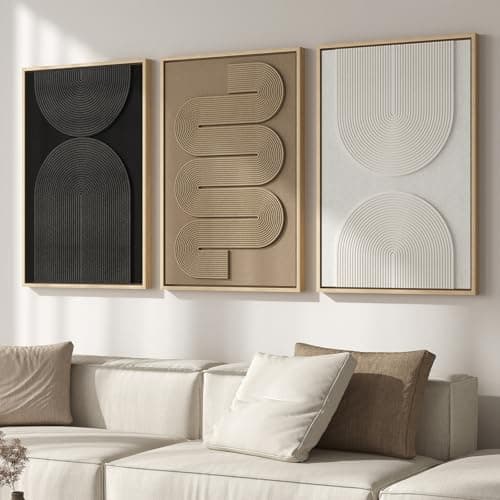 Image of Large 3D Textured Framed Boho Neutral Abstract Wall Art for Living Room, 3 Piece Modern Paintings Artwork for Walls, Black White Brown Minimalist Geometric Pictures for Hallway Office Wall Decor 24x36