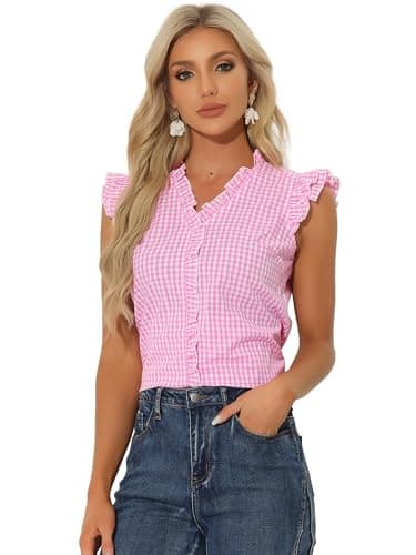 Image of Allegra K Gingham Top for Women's Ruffle Shirt Vintage Cap Sleeve Checkered Blouse Pink S