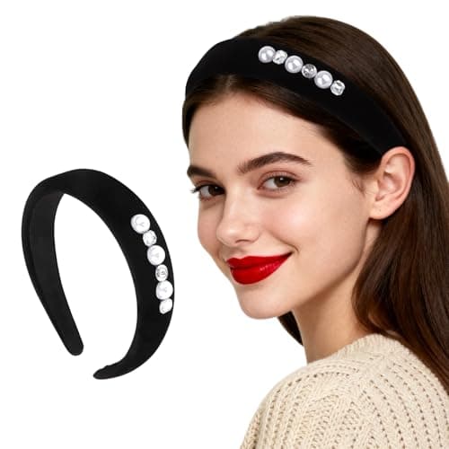 Image of Esitrormi Black Velvet Pearl Headbands for Women, Wide Non-Slip Hair Bands, Women's Soft Fashion Hair Accessories for Daily & Party Use
