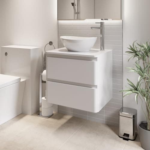 Image of Affine® Forma 600mm Bathroom Cloakroom Vanity Unit Countertop Oval Basin Sink Wall Hung Storage Furniture Soft Close Drawers, White Gloss