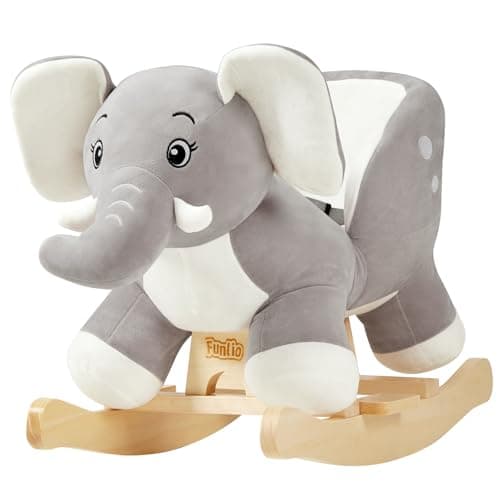 Image of FUNLIO Elephant Baby Rocking Horse for Toddlers 6 Months to 3 Years, Cute & Graceful Grey Elephant Rocker for Baby Girl, Stuffed Plush Ride-on Rocking Animal, Easy to Assemble, CPC & CE Certified