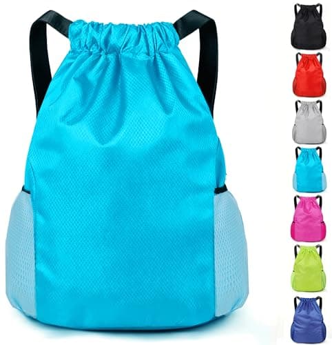Image of KANGSIT Drawstring Bag, Swim PE Bags Drawstring Gym Bag for Kids Adults, Waterproof Swimming Sports Bag for School Sports Swimming Gym Travel Unisex (Light Blue)