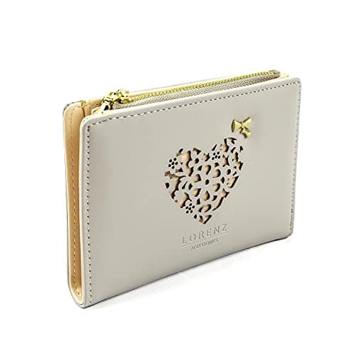 Image of Woodland Leathers Women's Wallet and RFID Card Holder with Decorative Heart Pattern, Bifold Faux Leather Lady Zipper Purse Button Wallet with Multiple Card Slots and Roomy Compartment (Cool Grey)